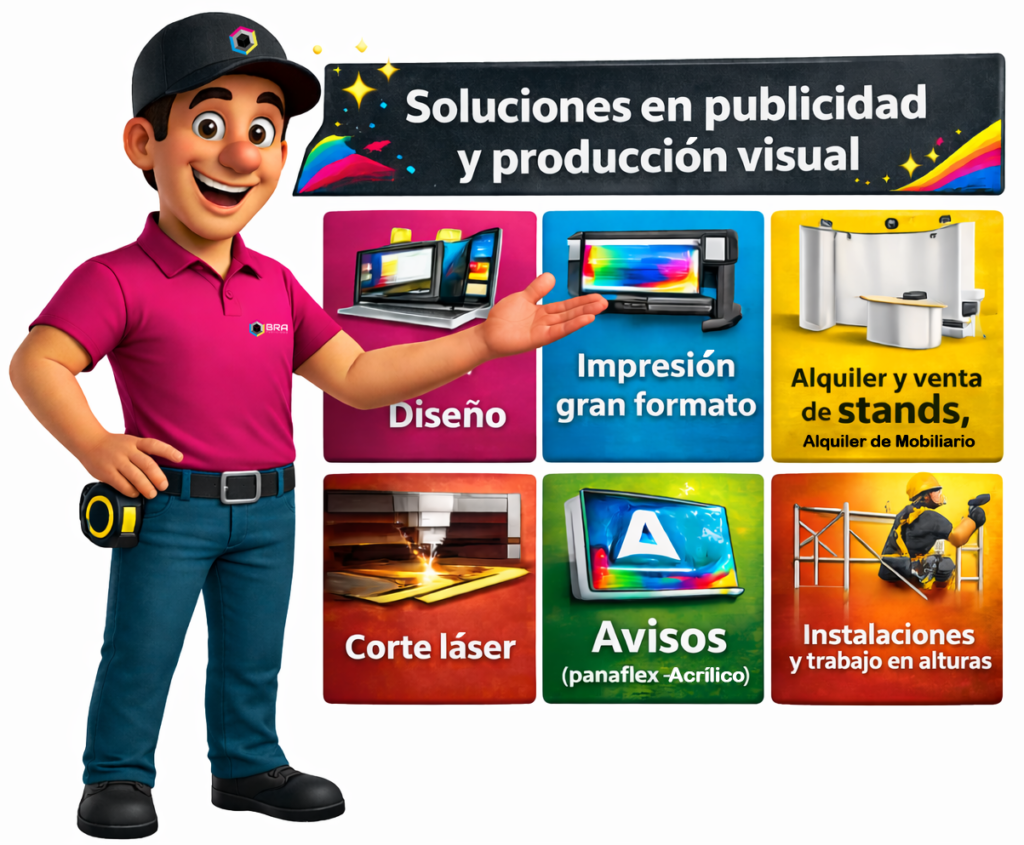 Imagen corporativa de BRA Publicidad SAS mostrando servicios de diseño gráfico, impresión gran formato, alquiler y venta de stands, corte láser, avisos publicitarios e instalaciones en alturas.
