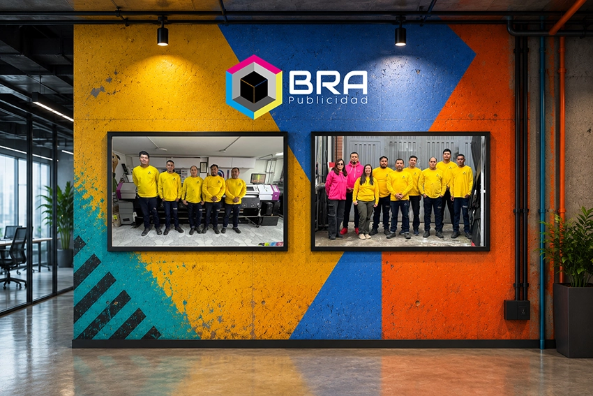 Equipo de colaboradores de BRA Publicidad SAS posando junto a maquinaria de impresión digital y en instalaciones de producción publicitaria.