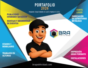 Portada del Catálogo de Servicios 2026 de BRA Publicidad con la imagen institucional de Bracito y el logotipo corporativo, destacando servicios de impresión de gran formato, stands, mobiliario, corte láser, estructuras metálicas, trabajos en alturas e instalaciones publicitarias.