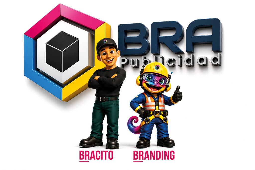 Ilustración 3D oficial de BRA Publicidad con el logotipo corporativo, Bracito como aliado humano y Branding como mascota oficial, representando los servicios de diseño, impresión gran formato, stands, señalización, montaje e identidad visual.