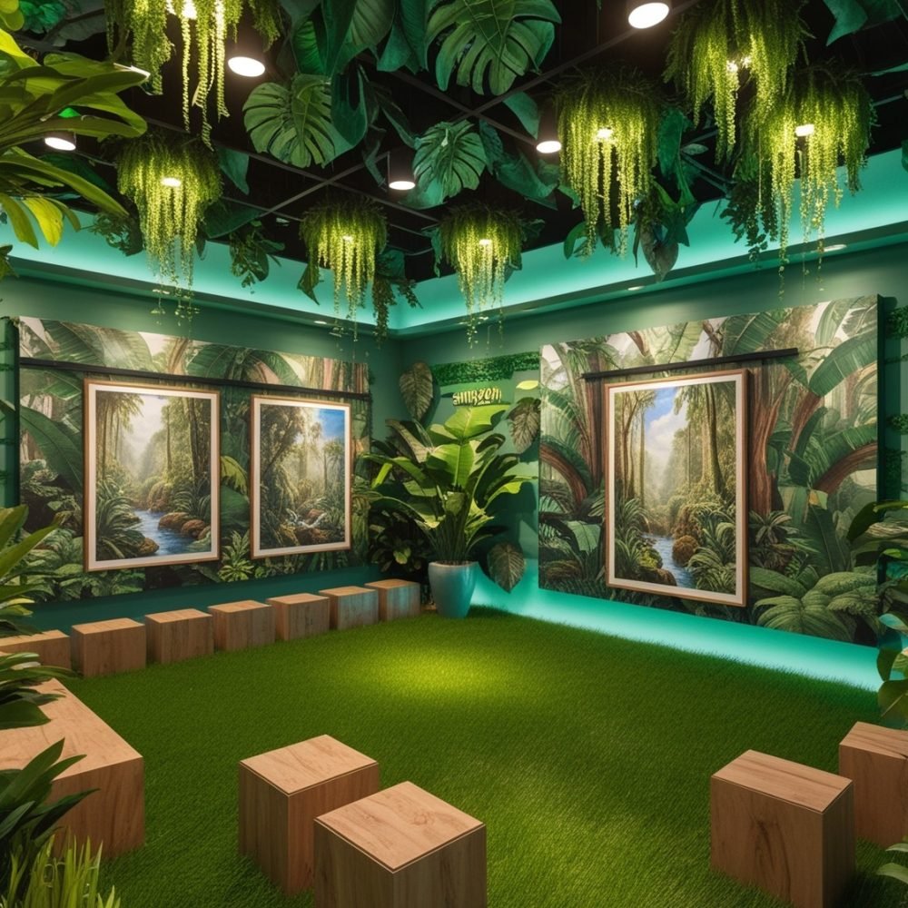 tand ecológico con pufs y decoración de plantas en el techo diseñado por BRA Publicidad SAS para ferias y eventos corporativos